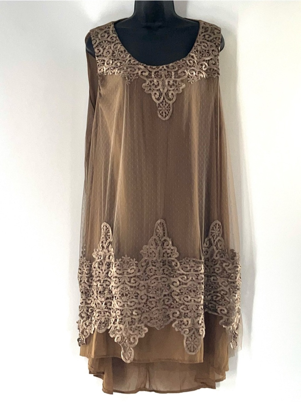 Light Brown Embroidered Lace Overlay Mini Dress-Size XXL